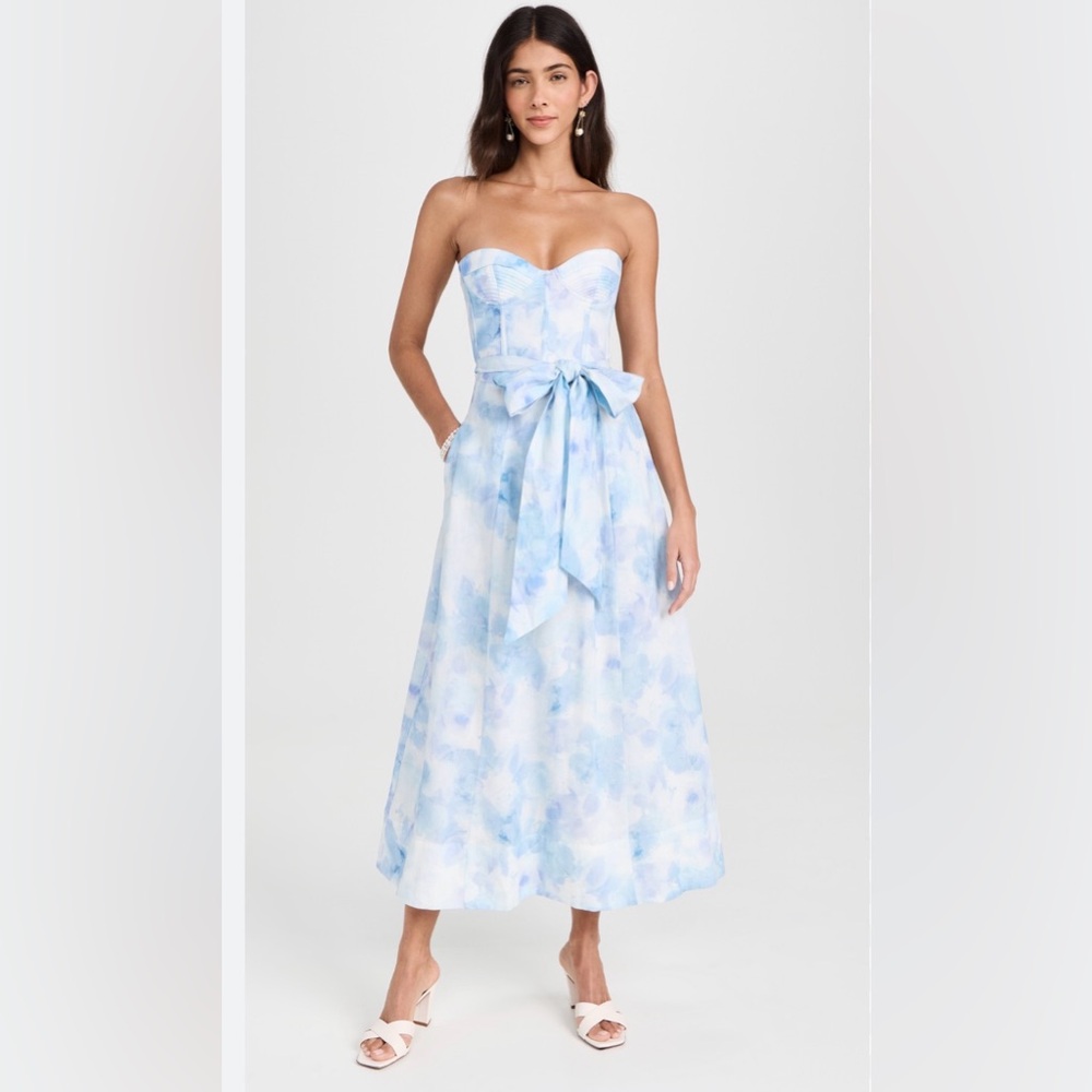 Bardot Strapless Blue and White Watercolor Midi Dress